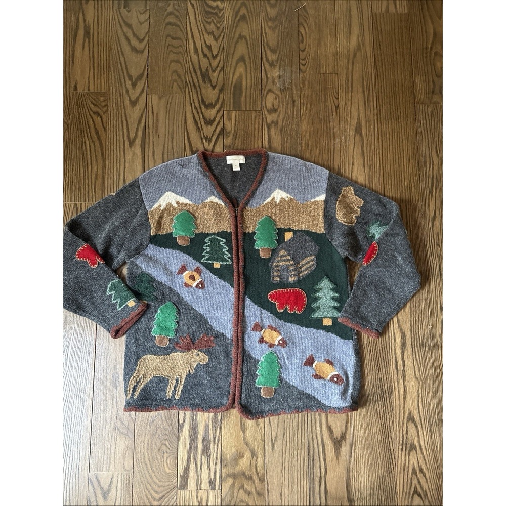 Northern Isles Moose Cottage Zip Cardigan Sweater Wool Blend Med Cabincore XL